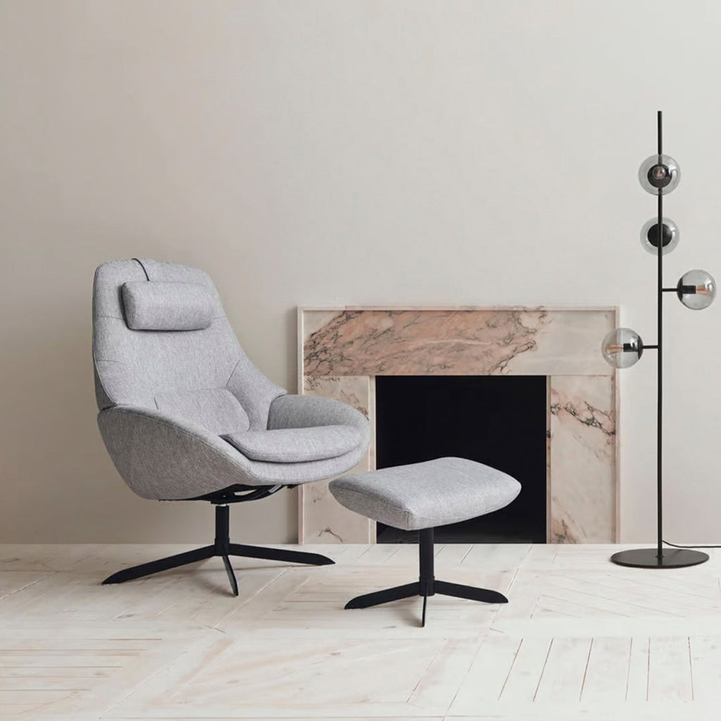 Fauteuil de salon pivotant contemporain en tissu ou en cuir, avec forme incurvée ergonomique pour le salon