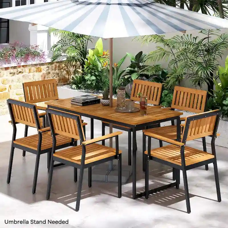 Table de salle à manger d'extérieur pour 6 avec cadre en métal et trou pour parasol