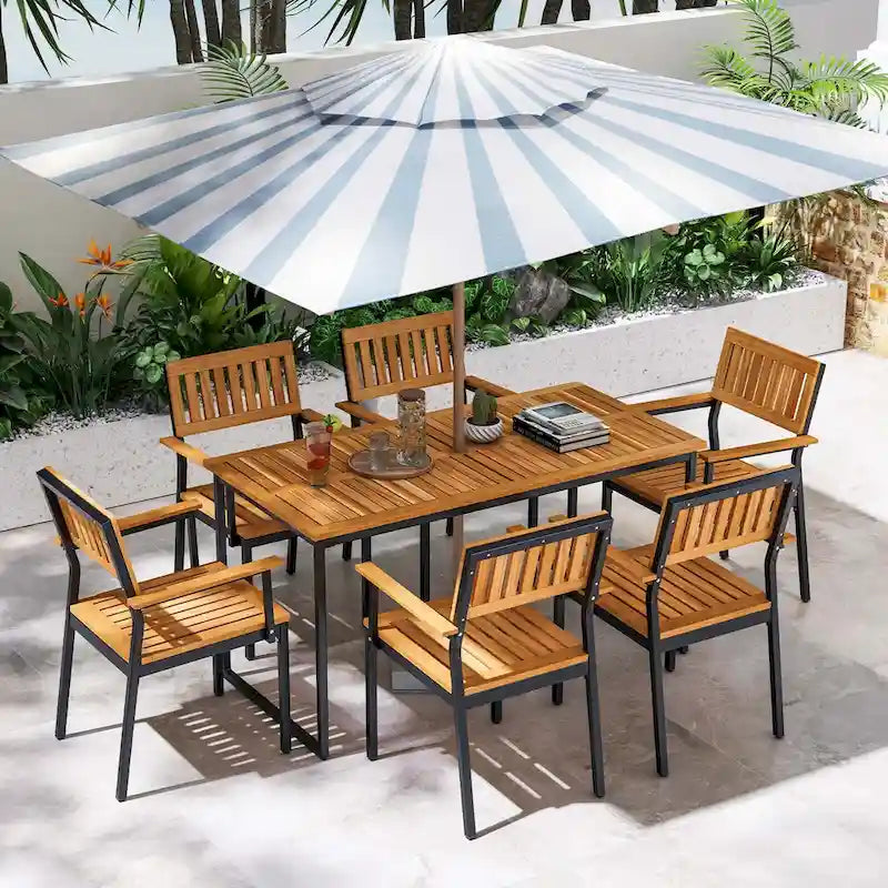 Table de salle à manger d'extérieur pour 6 avec cadre en métal et trou pour parasol