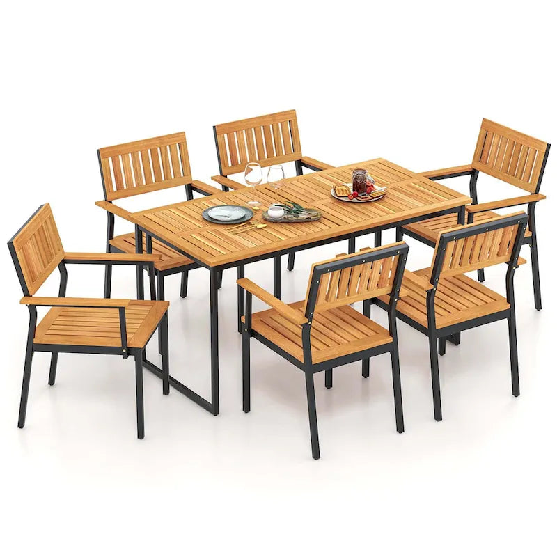 Table de salle à manger d'extérieur pour 6 avec cadre en métal et trou pour parasol