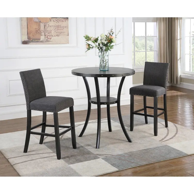 Table à manger de style moderne avec table de bar ronde et 2 chaises de bar cloutées