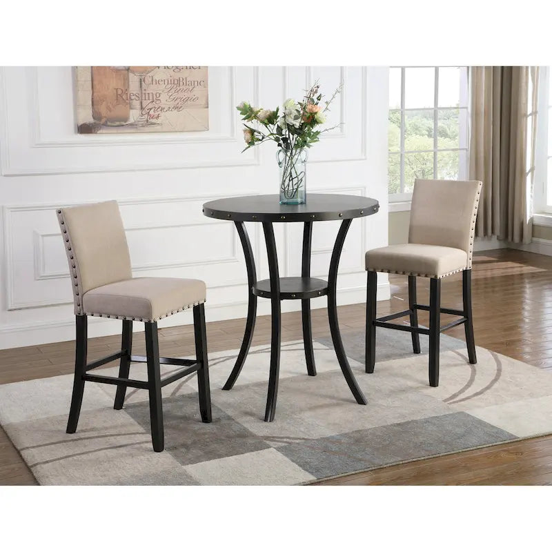 Table à manger de style moderne avec table de bar ronde et 2 chaises de bar cloutées