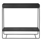 Console minimale en acier à deux niveaux avec étagère ouverte pour rangement, idéale pour un couloir ou un balcon