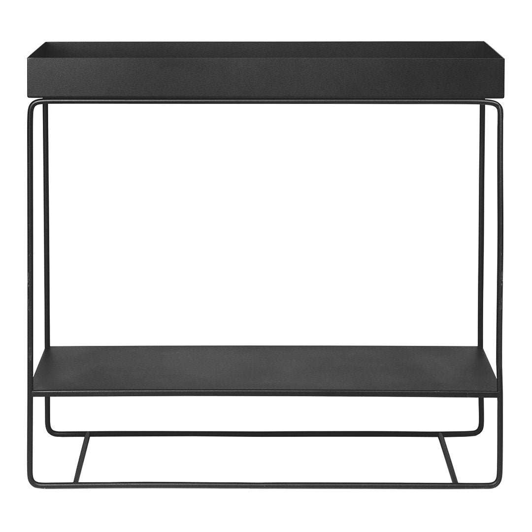 Console minimale en acier à deux niveaux avec étagère ouverte pour rangement, idéale pour un couloir ou un balcon