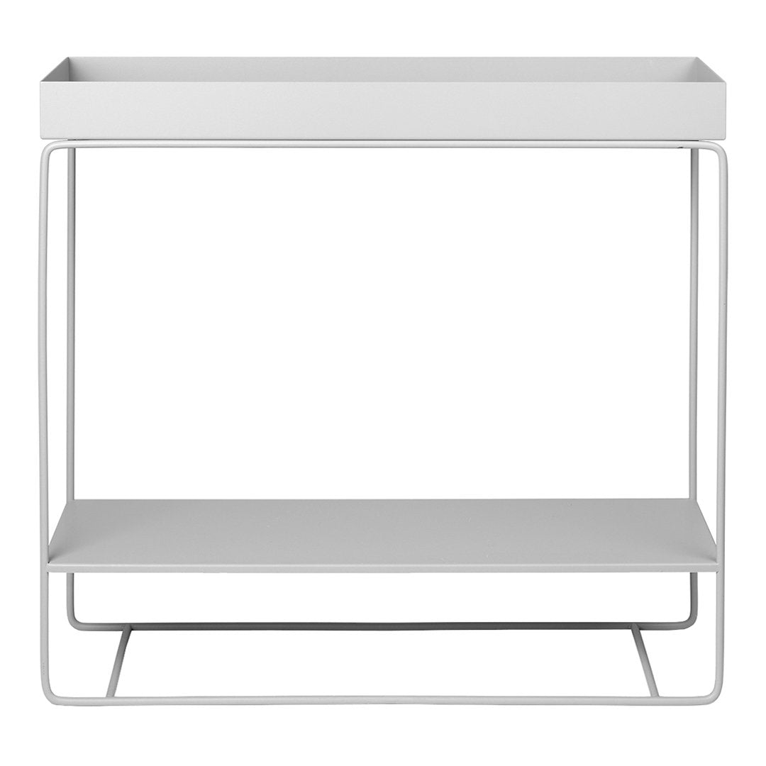 Console minimale en acier à deux niveaux avec étagère ouverte pour rangement, idéale pour un couloir ou un balcon