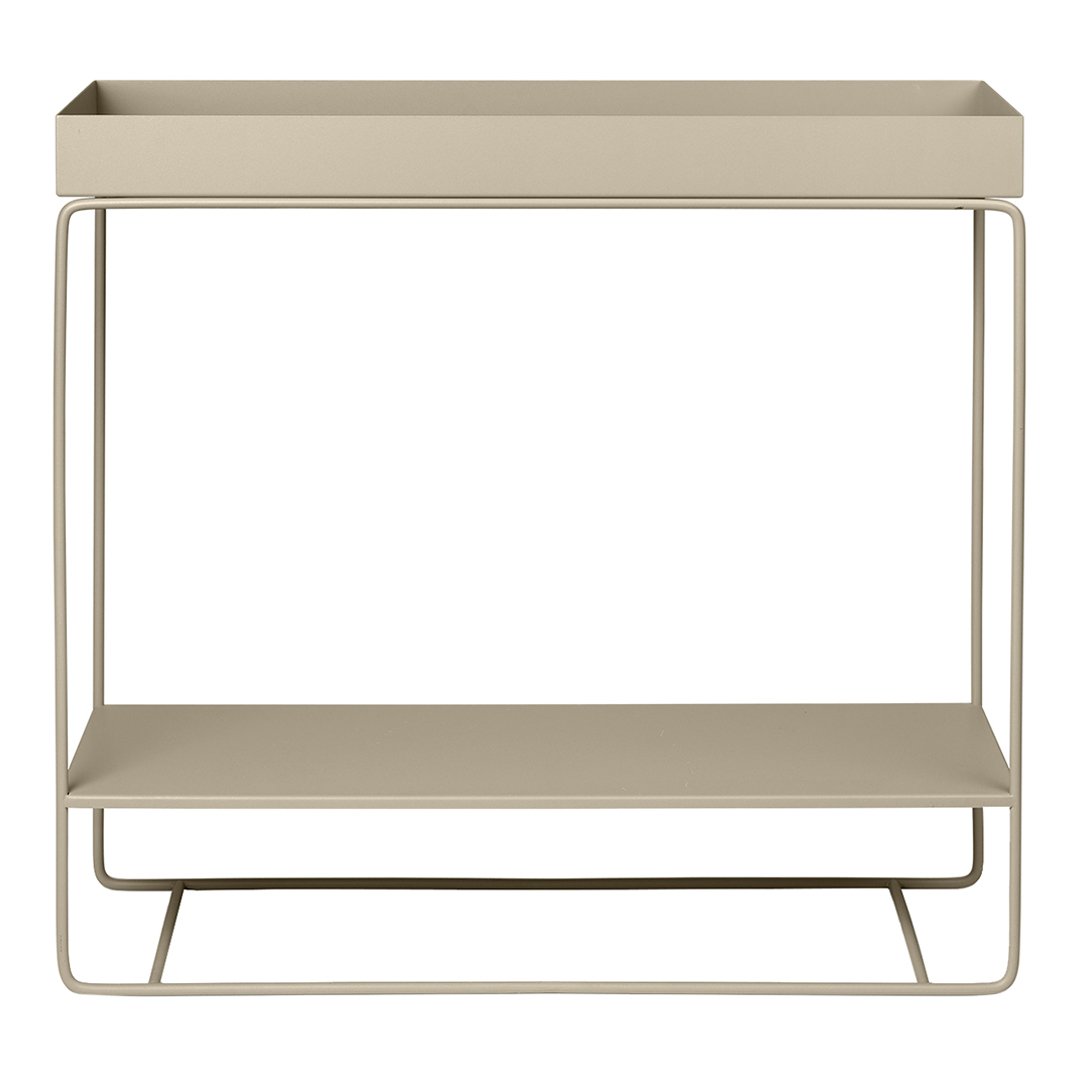 Console minimale en acier à deux niveaux avec étagère ouverte pour rangement, idéale pour un couloir ou un balcon