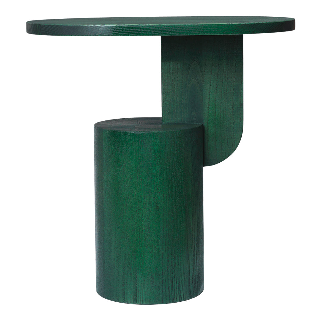 Table d'appoint contemporaine en frêne massif avec plateau ovale flottant et base cylindrique géométrique pour salon