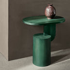 Table d'appoint contemporaine en frêne massif avec plateau ovale flottant et base cylindrique géométrique pour salon