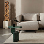 Table d'appoint contemporaine en frêne massif avec plateau ovale flottant et base cylindrique géométrique pour salon