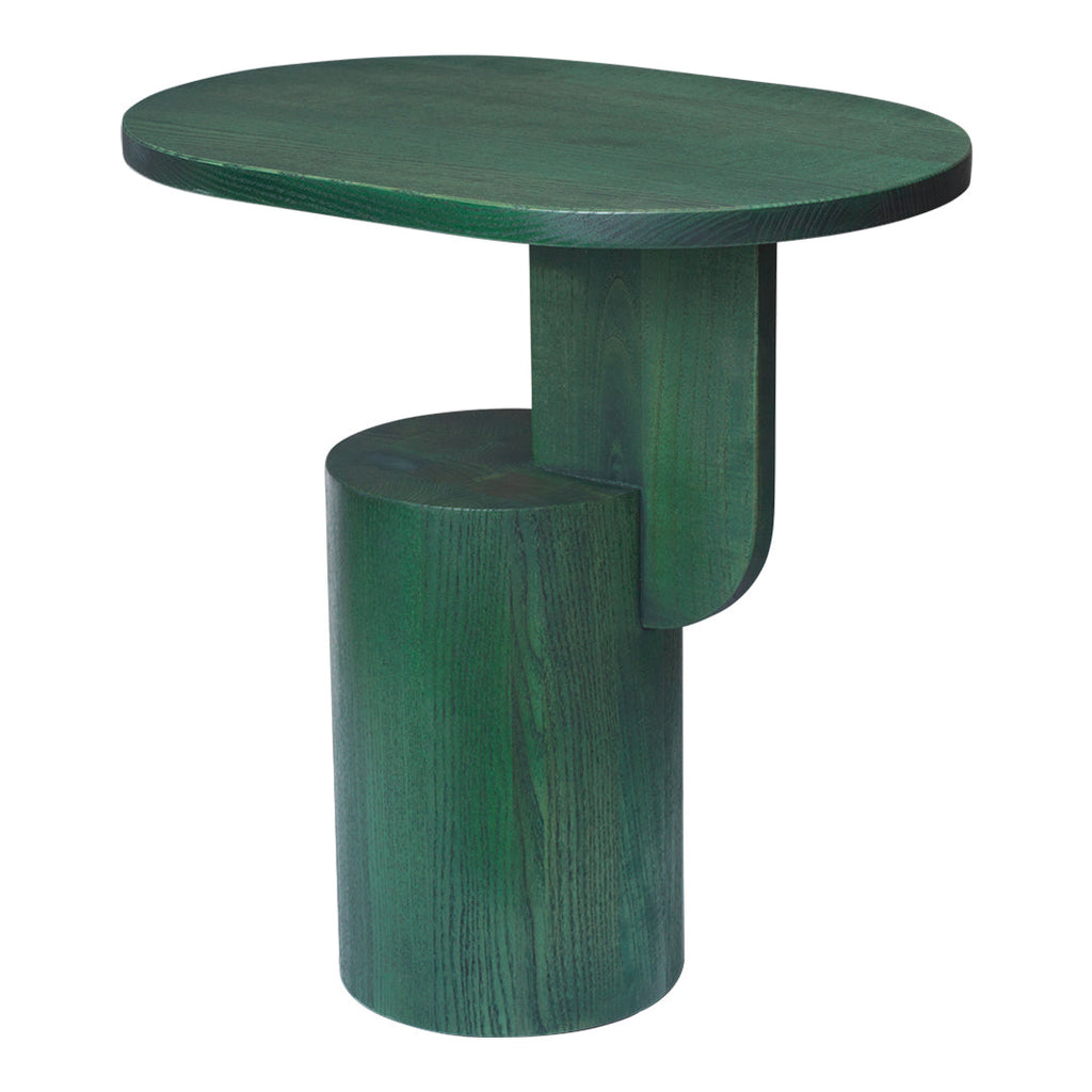 Table d'appoint contemporaine en frêne massif avec plateau ovale flottant et base cylindrique géométrique pour salon