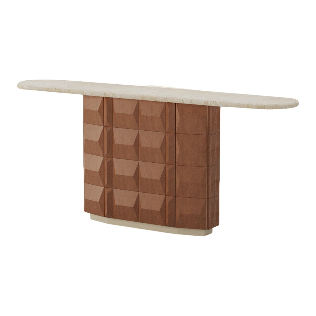 Console en bois laqué et carreaux de terre cuite avec piètement hexagonal sculptural pour couloir