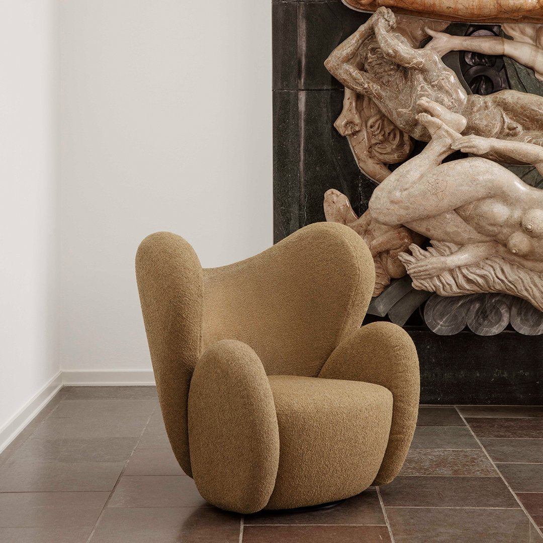 Fauteuil de salon pivotant entièrement rembourré Art Déco avec structure bloc volumineuse pour salon