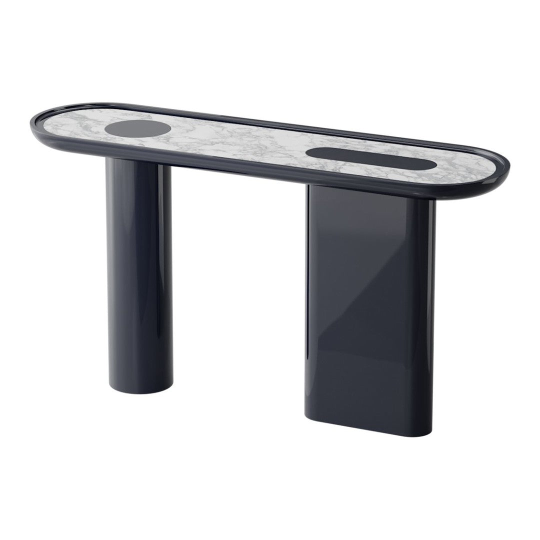Console laquée de luxe avec plateau ovale en marbre Arabescato pour couloir ou salon