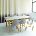 Chaise de salle à manger contemporaine en plastique moulé et chêne avec système d'assemblage intégré.