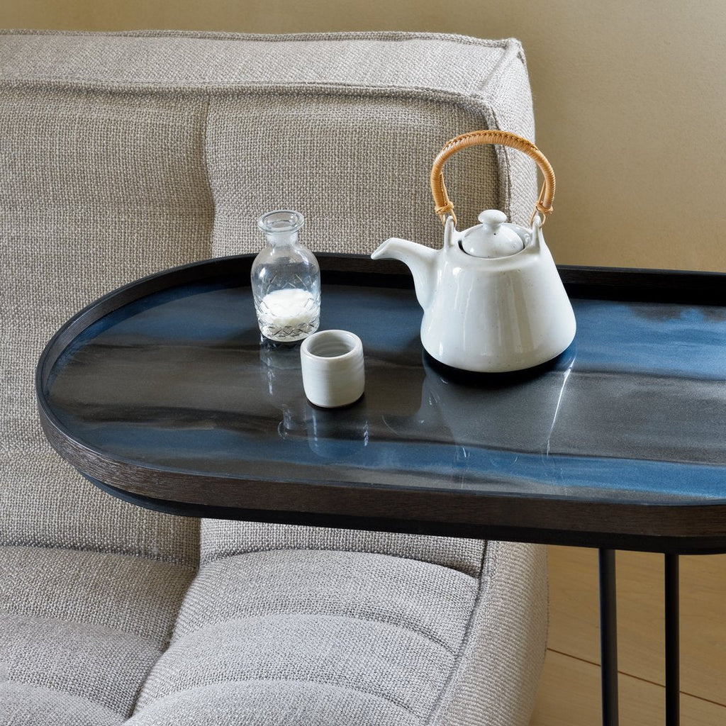 Table d'appoint polyvalente en bois avec plateau interchangeable ovale pour salon