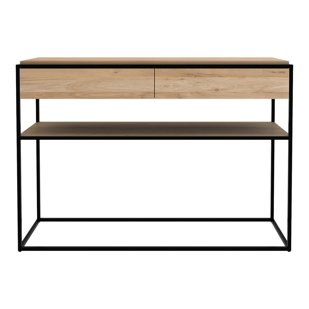 Console contemporaine en chêne massif avec rangement équilibré à double tiroir pour couloir