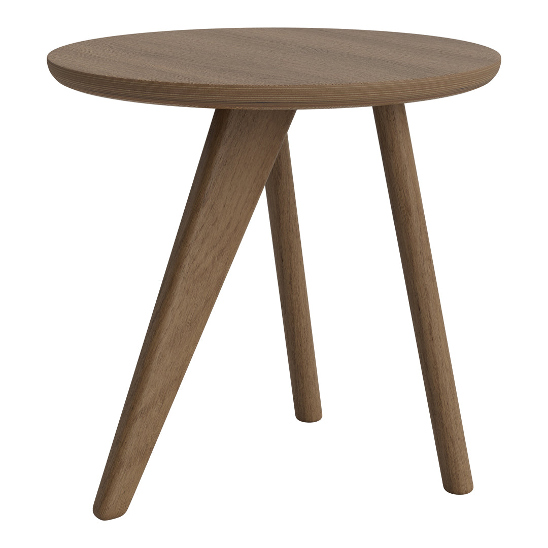 Table d'appoint minimaliste en chêne massif avec pied en forme d'ailette et plateau en placage ultrafin pour salon