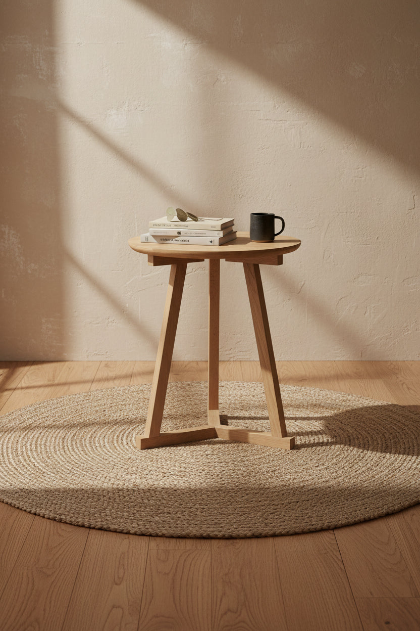 Table d'appoint trépied en bois contemporaine au design léger et polyvalent pour salon ou chambre à coucher