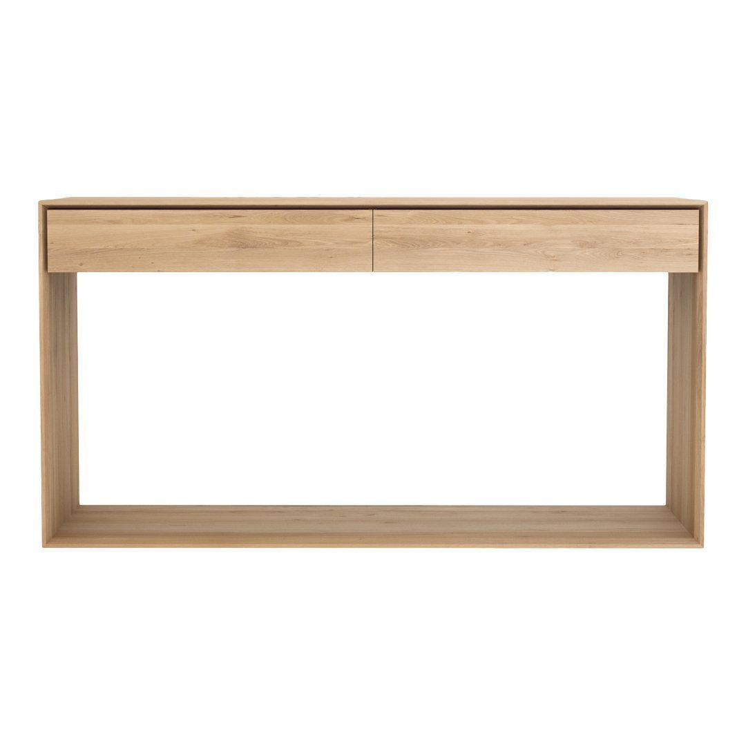 Console en chêne massif scandinave avec tiroirs doubles à bords biseautés pour couloir