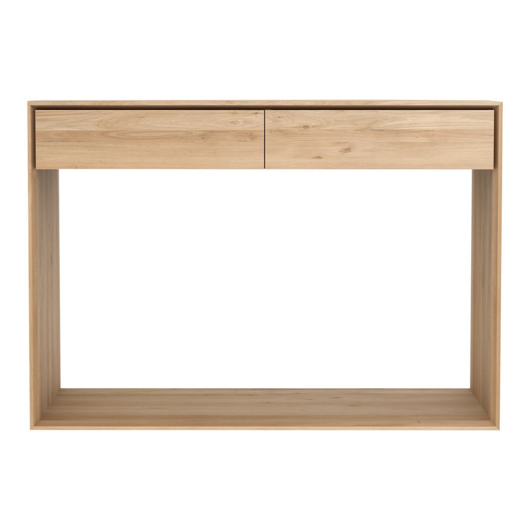 Console en chêne massif scandinave avec tiroirs doubles à bords biseautés pour couloir