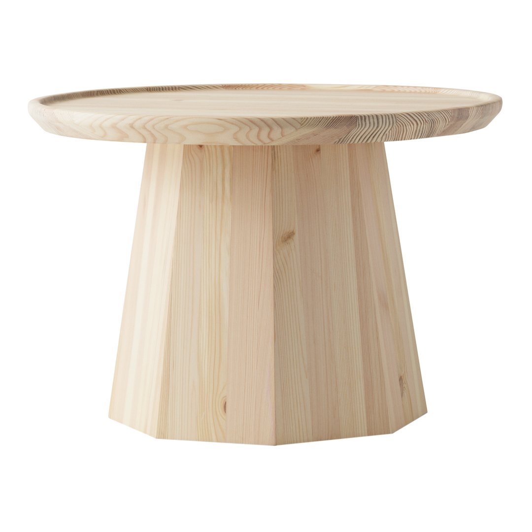 Table basse scandinave en pin avec piètement sculptural octogonal pour salon