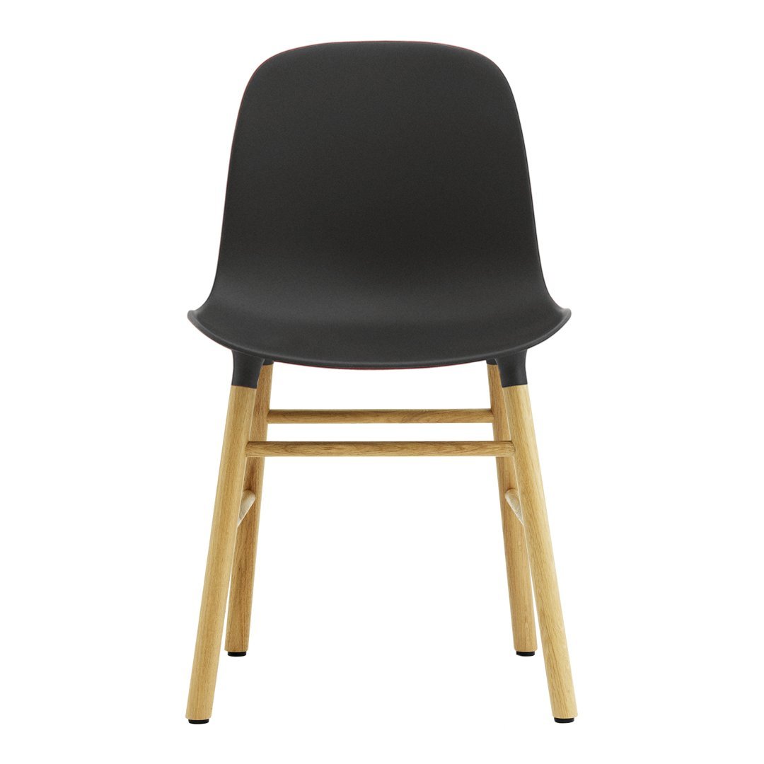 Chaise de salle à manger contemporaine en plastique moulé et chêne avec système d'assemblage intégré.