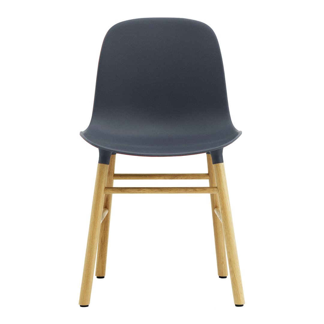 Chaise de salle à manger contemporaine en plastique moulé et chêne avec système d'assemblage intégré.