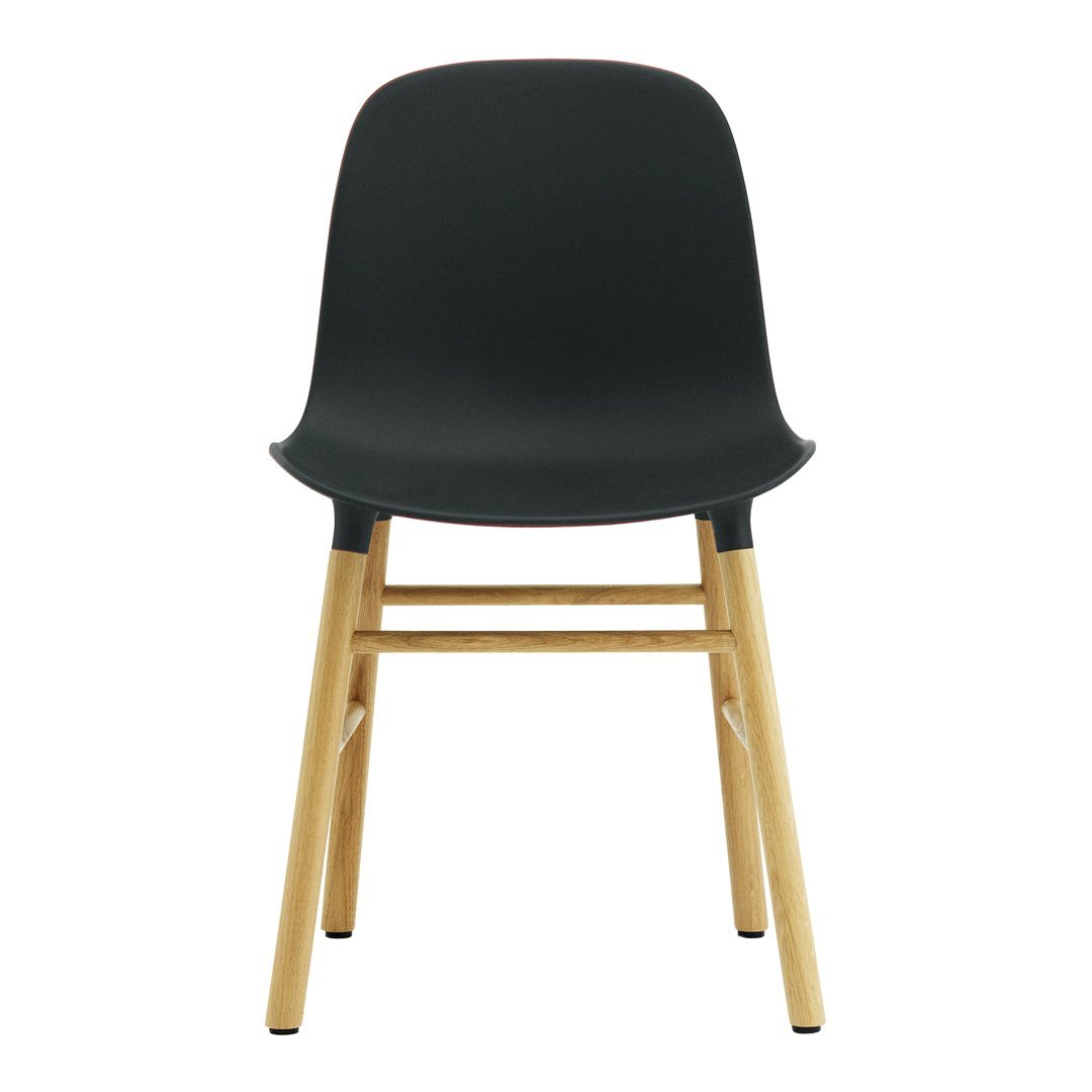 Chaise de salle à manger contemporaine en plastique moulé et chêne avec système d'assemblage intégré.