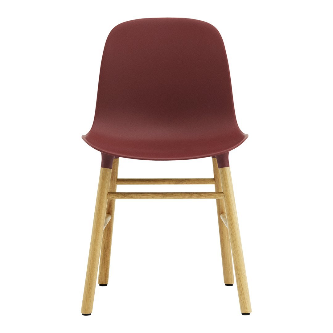 Chaise de salle à manger contemporaine en plastique moulé et chêne avec système d'assemblage intégré.