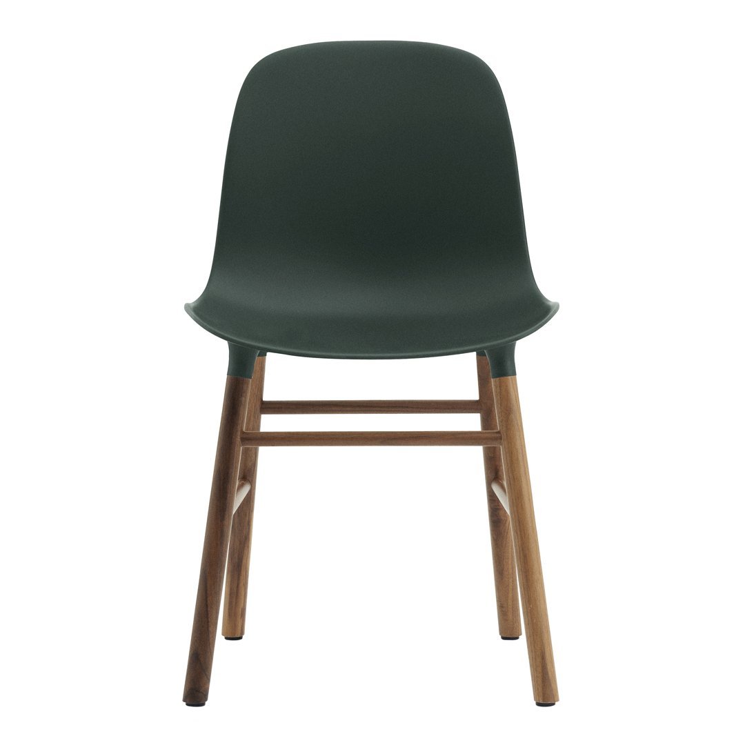 Chaise de salle à manger contemporaine en plastique moulé et chêne avec système d'assemblage intégré.