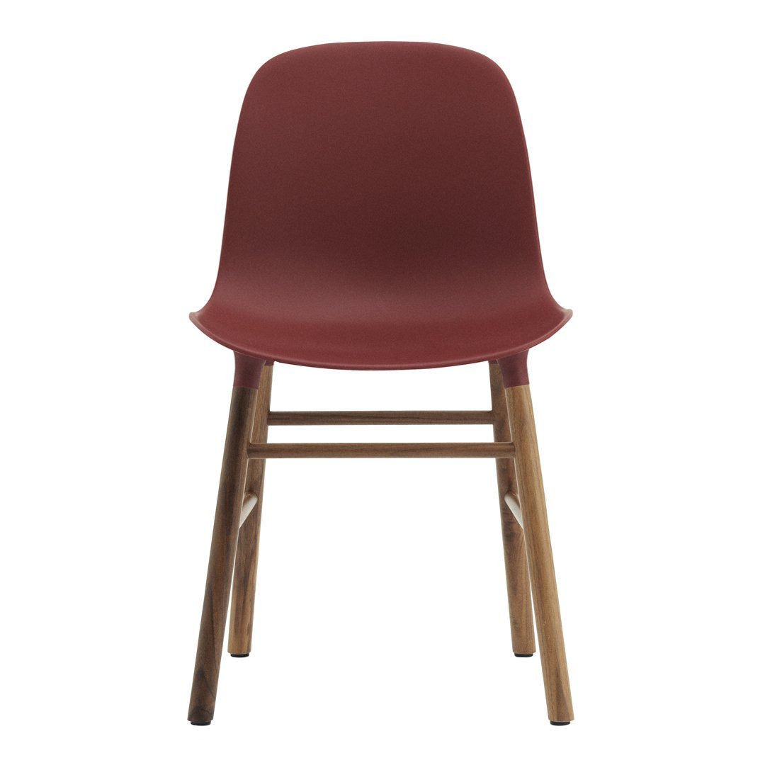 Chaise de salle à manger contemporaine en plastique moulé et chêne avec système d'assemblage intégré.