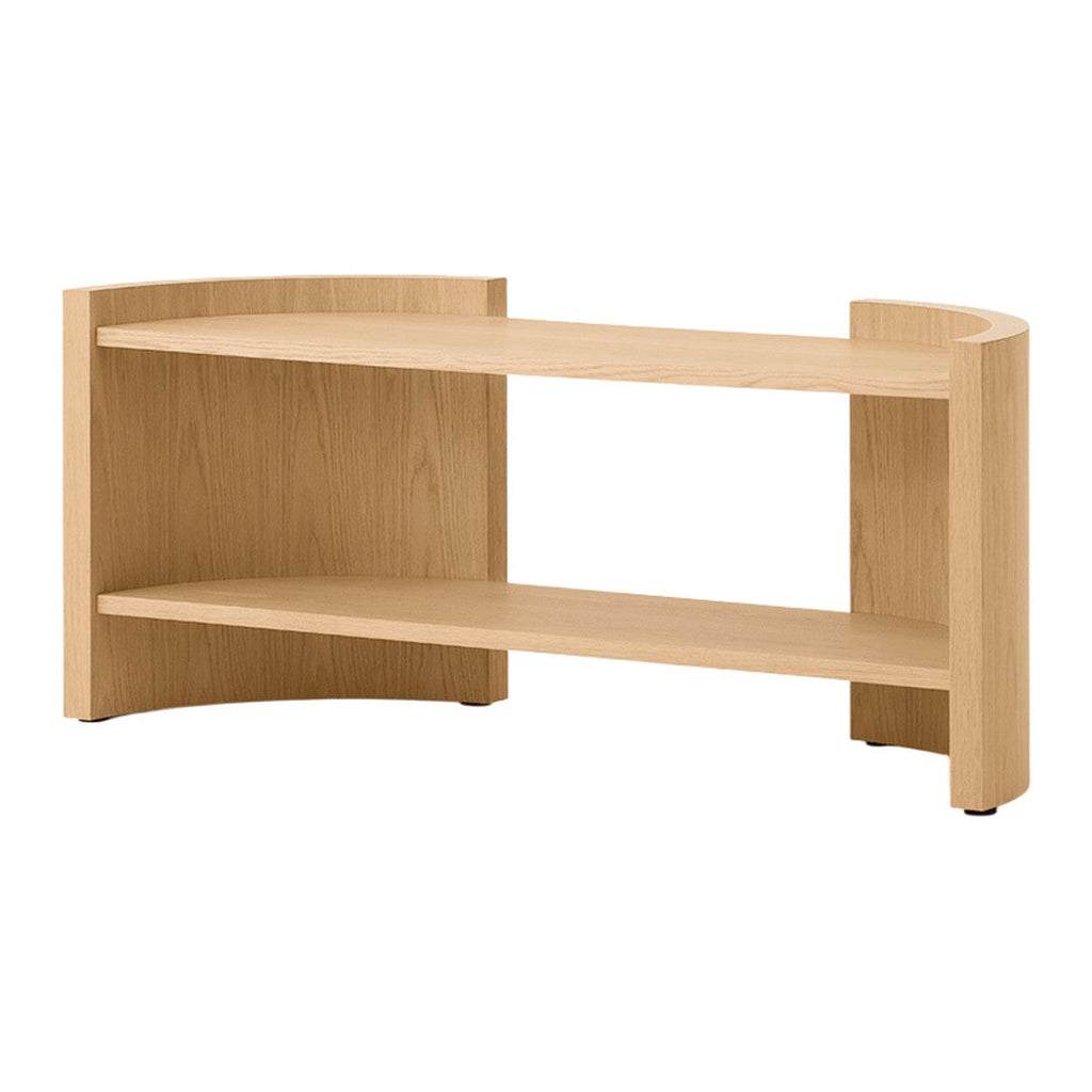 Étagères console contemporaines en chêne laqué avec séparateur sculptural en forme de croissant pour salon