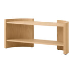 Étagères console contemporaines en chêne laqué avec séparateur sculptural en forme de croissant pour salon