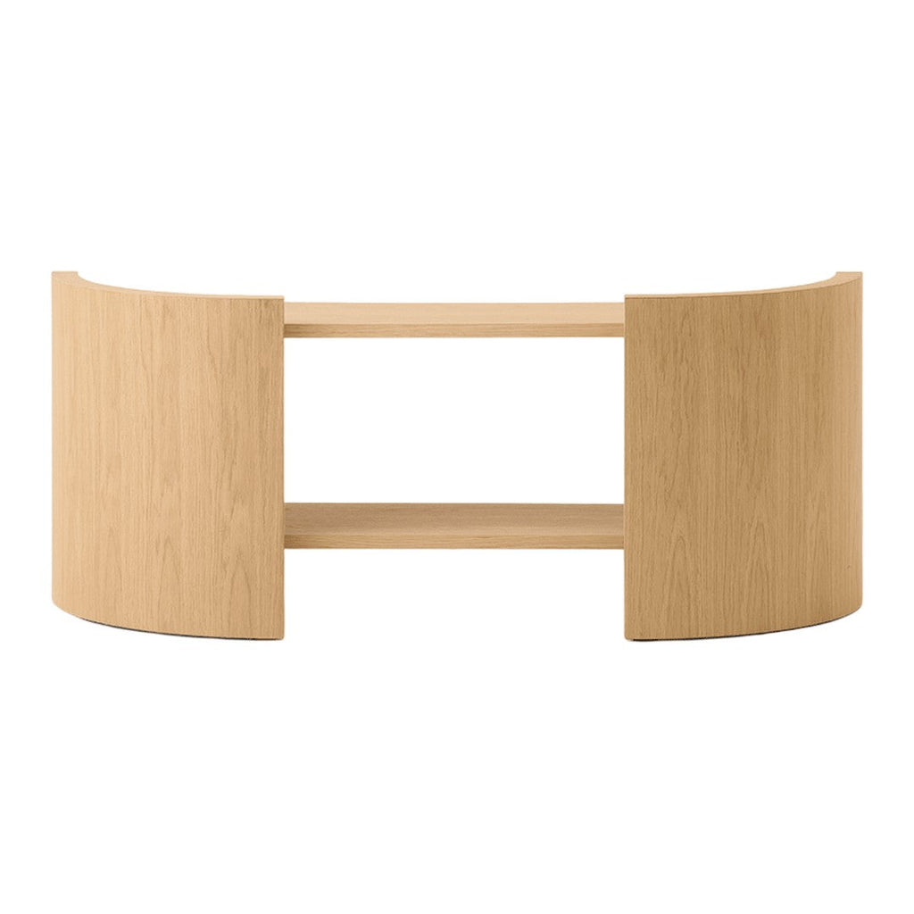 Étagères console contemporaines en chêne laqué avec séparateur sculptural en forme de croissant pour salon