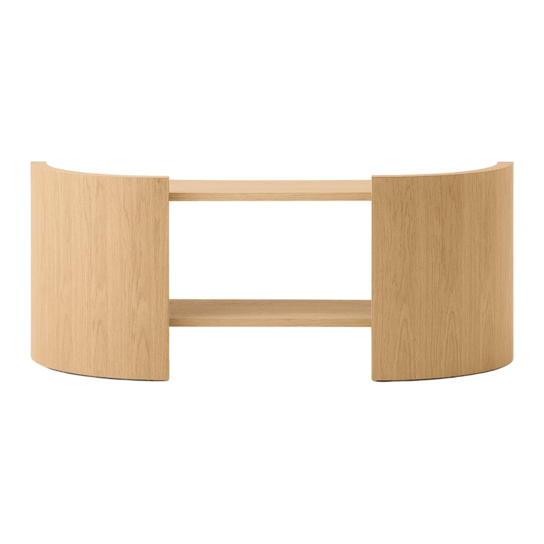 Étagères console contemporaines en chêne laqué avec séparateur sculptural en forme de croissant pour salon