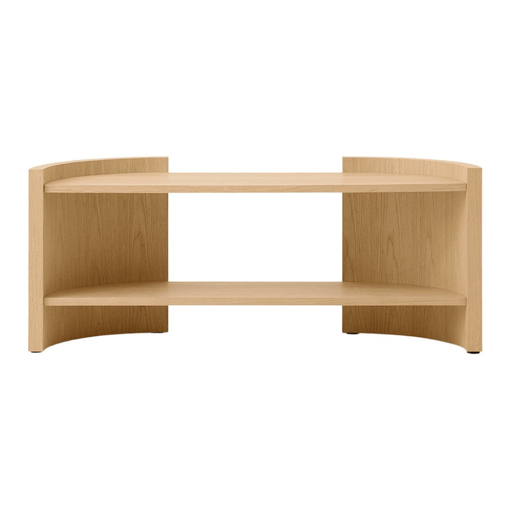 Étagères console contemporaines en chêne laqué avec séparateur sculptural en forme de croissant pour salon