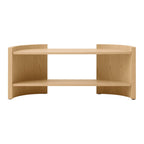 Étagères console contemporaines en chêne laqué avec séparateur sculptural en forme de croissant pour salon