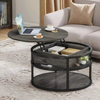 Table basse ronde à plateau relevable avec rangement dissimulé