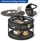 Table basse ronde à plateau relevable avec rangement dissimulé