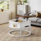 Table basse ronde à plateau relevable avec rangement dissimulé