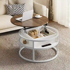 Table basse ronde à plateau relevable avec rangement dissimulé