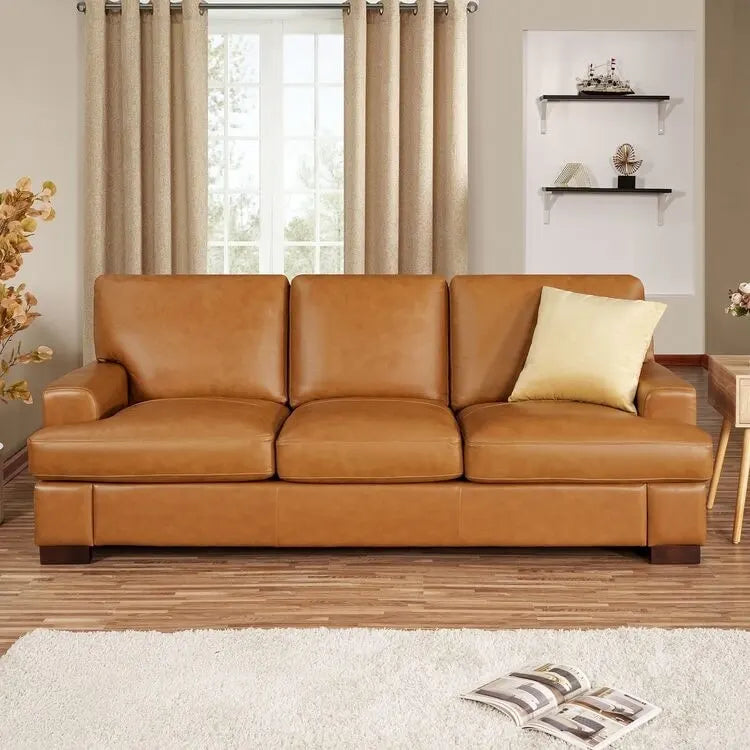 Modern Genuine Leather Sofa with Wooden Legs & Additional Bolster Pillow