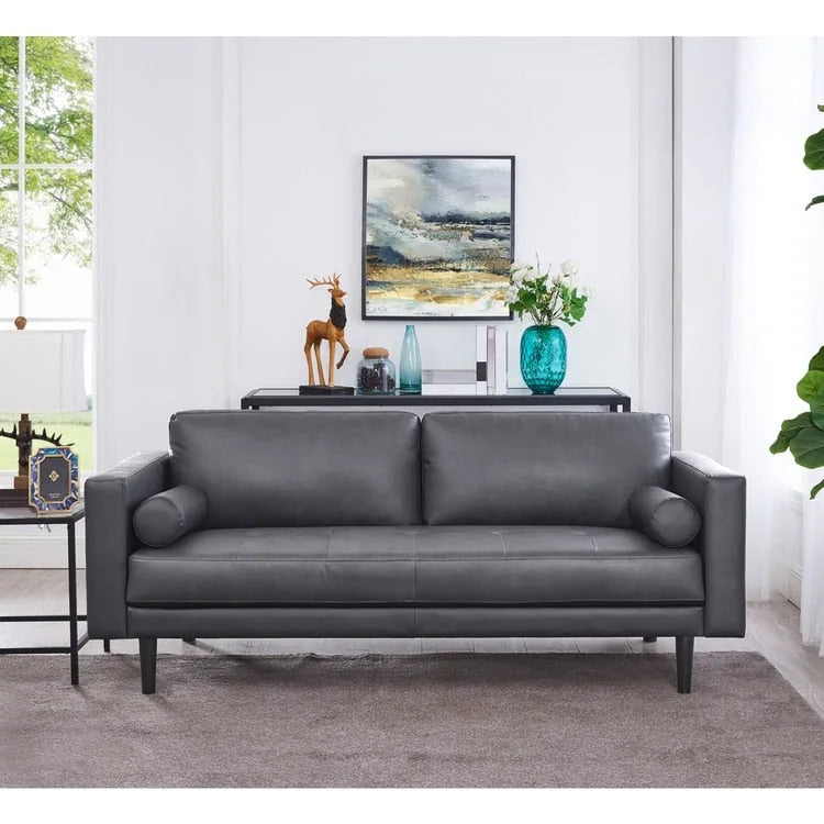 Canapé moderne en cuir véritable avec pieds en bois et coussin traversin supplémentaire