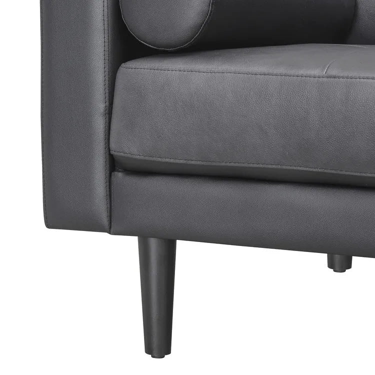 Canapé moderne en cuir véritable avec pieds en bois et coussin traversin supplémentaire