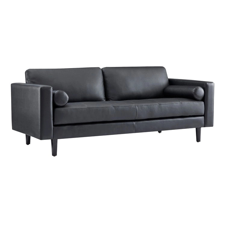 Canapé moderne en cuir véritable avec pieds en bois et coussin traversin supplémentaire