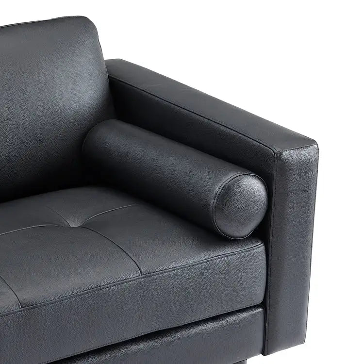 Canapé moderne en cuir véritable avec pieds en bois et coussin traversin supplémentaire