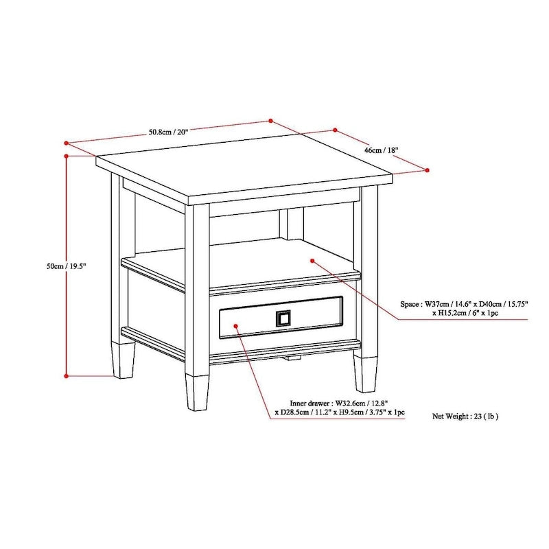 Table d'appoint rectangulaire de transition Norfolk en BOIS MASSIF de 20 po de largeur - 20 po de largeur
