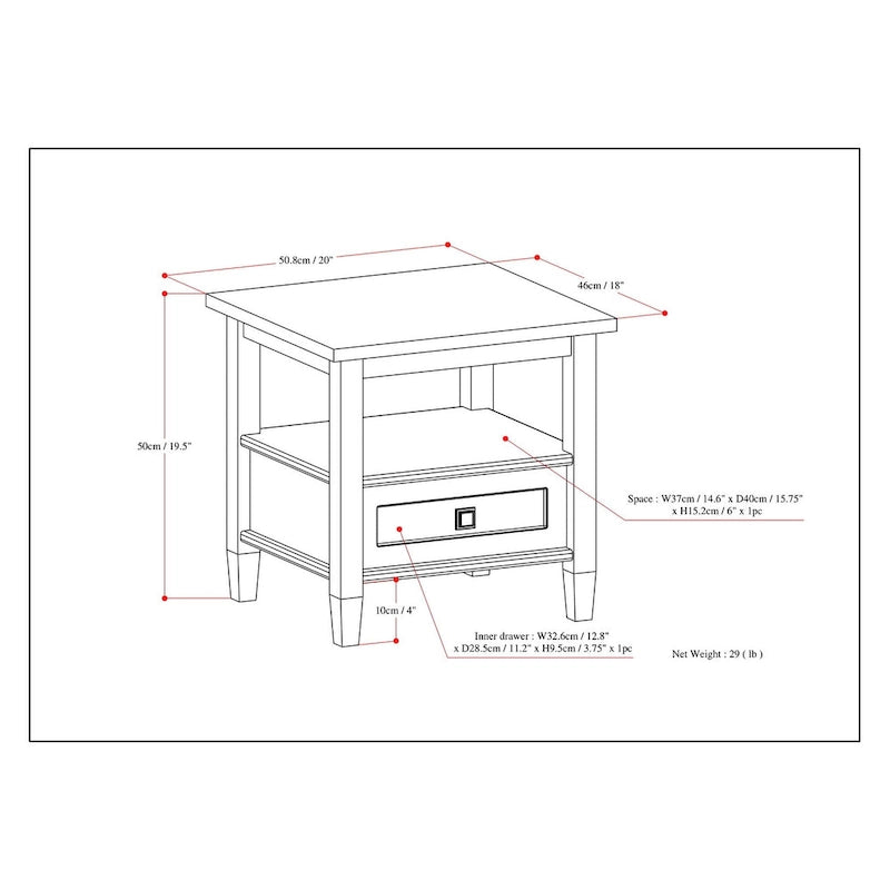 Table d'appoint rectangulaire de transition Norfolk en BOIS MASSIF de 20 po de largeur - 20 po de largeur