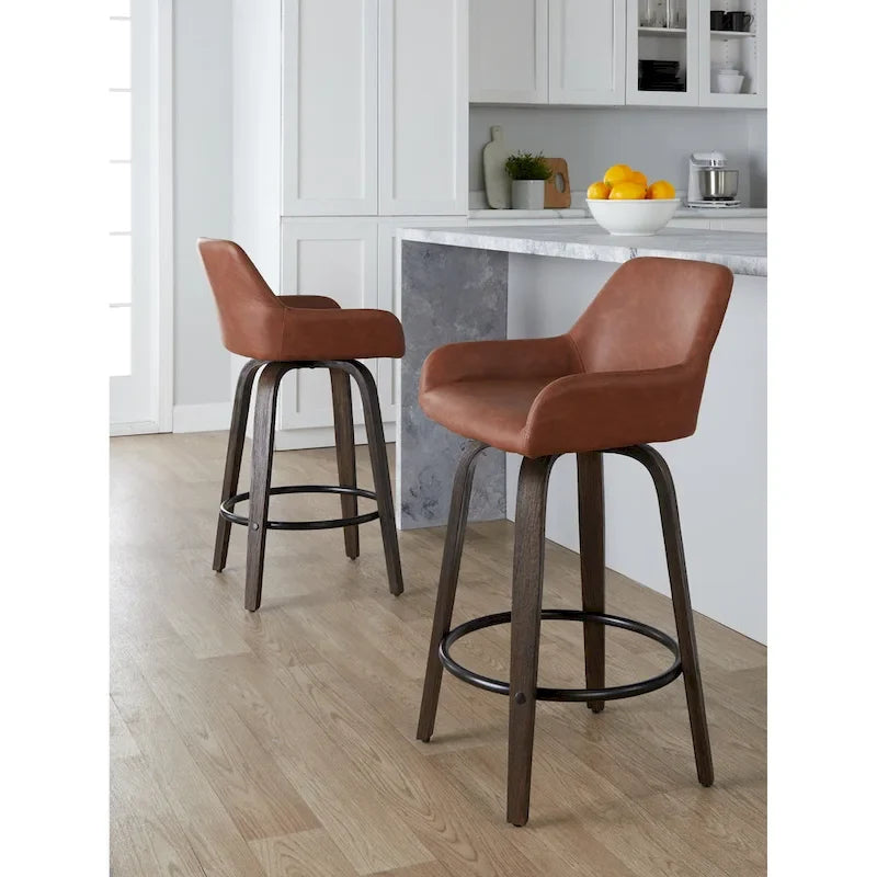 Tabouret de comptoir à hauteur fixe avec pieds en bois courbé et repose-pieds rond