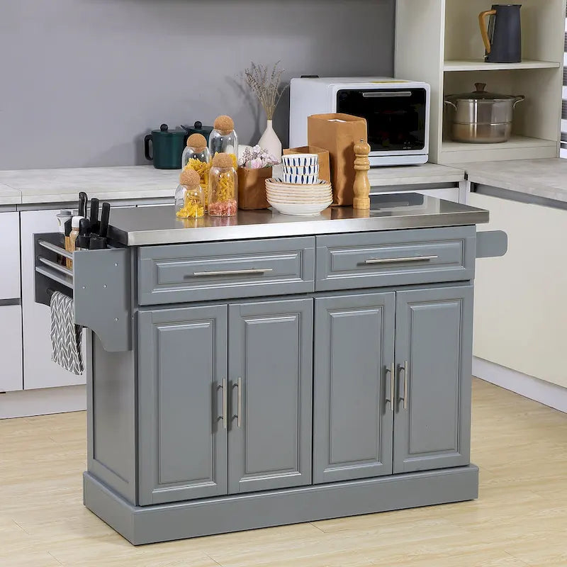 HOMCOM Rolling Kitchen Island with Storage, Portable Kitchen Cart with Stainless Steel Top, Gray